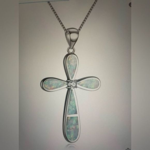 White OPAL CROSS & SILVER CHAIN - Picture 1 of 7